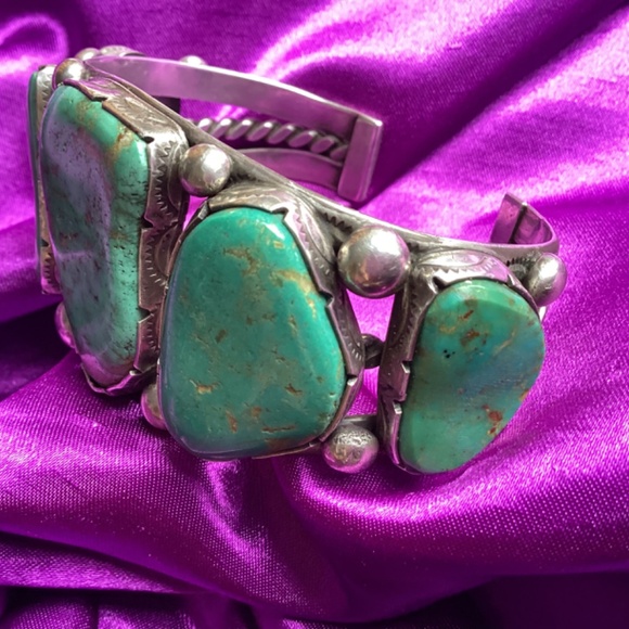 Vintage Navajo Cripple Creek Turquoise Slabs Rope Cuff - Picture 5 of 11